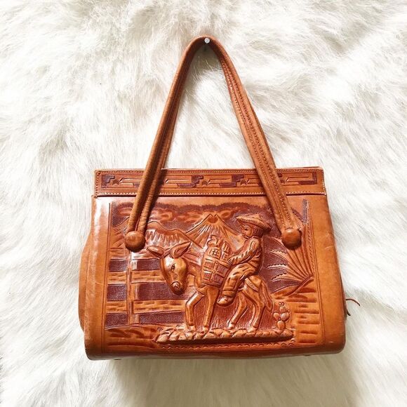 TOOLED BROWN LEATHER 1950’s 50s Mexican Cacti & Donkey Vintage Purse Handbag Bag - Picture 1 of 8